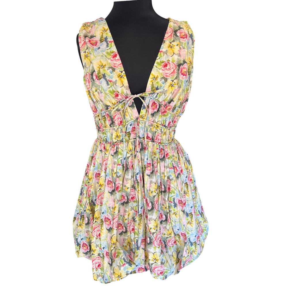 En Saison Floral V-Neck Bubble Hem Mini Dress Pink Yellow Blue Cotton Large